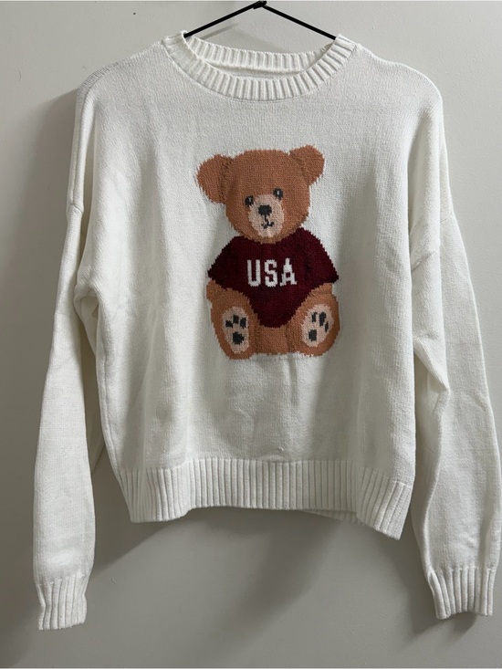Hollister Sweaters - Hollister White Crewneck Sweater with Teddy Bear USA Motif